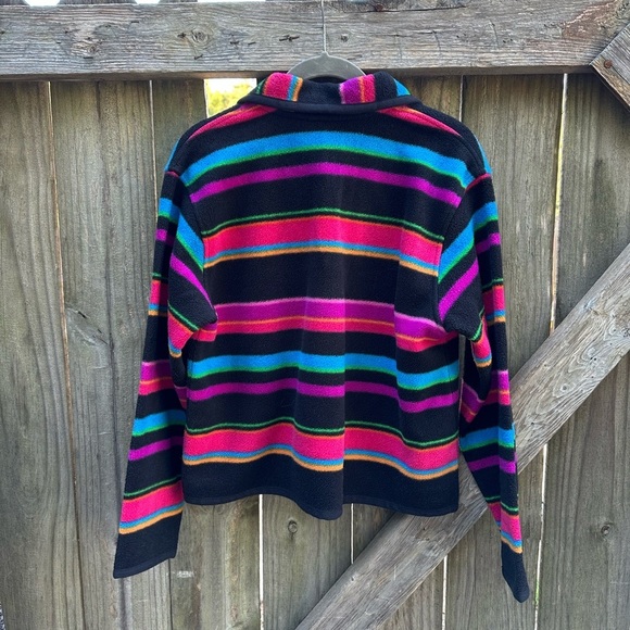 Talbots Horizontal Rainbow Striped Synchilla Knit Fluffy Button Front Jacket - Picture 3 of 6
